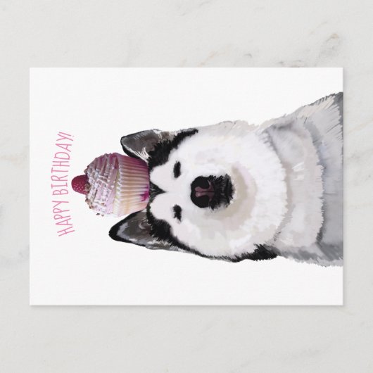 Happy Birthday, Husky en taart Briefkaart (Voorkant)