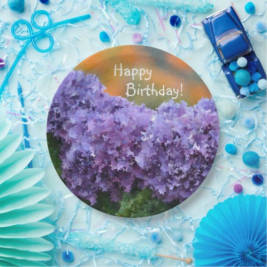 Happy Birthday Impressionistic Paars Hydrangea Papieren Bordje (Feest)