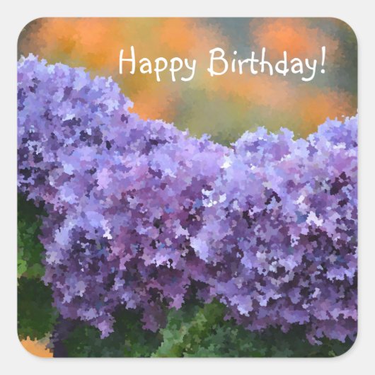 Happy Birthday Impressionistic Paars Hydrangea Vierkante Sticker (Voorkant)