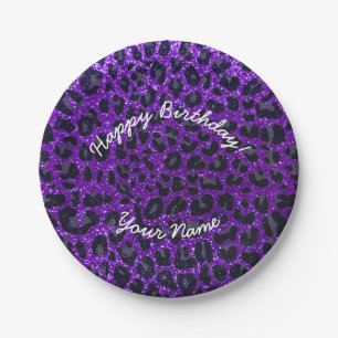 Happy Birthday indigo paarse glitter leopard Papieren Bordje
