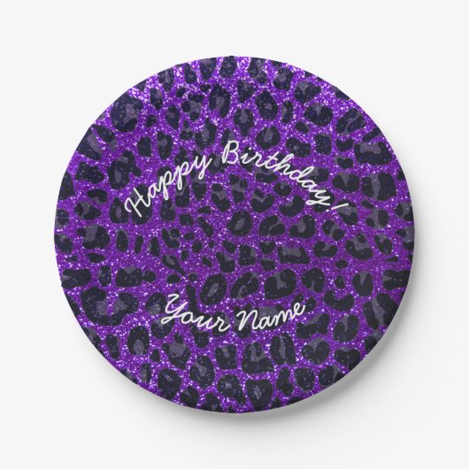 Happy Birthday indigo paarse glitter leopard Papieren Bordje (Voorkant)