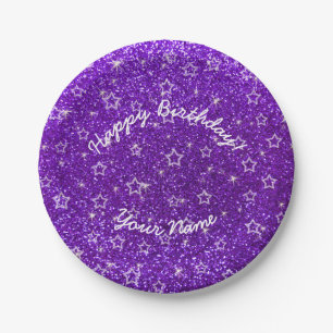 Happy Birthday indigo paarse glitter sterren Papieren Bordje
