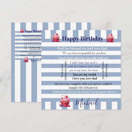 Happy Birthday Invitation Blue & White Stripe  Kaart (Voorkant / Achterkant)