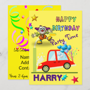 Happy Birthday Invitation Clown Car Yellow Kaart