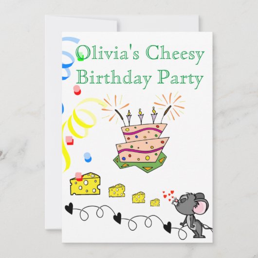Happy Birthday Invitation Mousey Cheesy Party Kaart (Voorkant)
