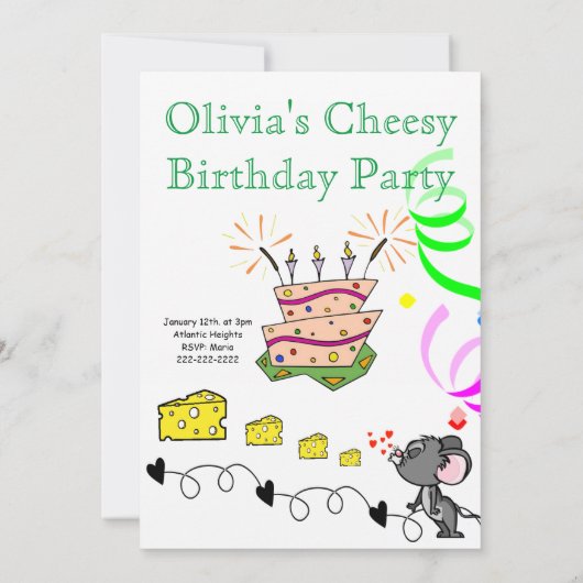 Happy Birthday Invitation Mousey Cheesy Party Kaart (Achterkant)