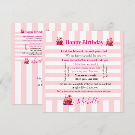 Happy Birthday Invitation Pink & White Stripe Kaart (Voorkant / Achterkant)