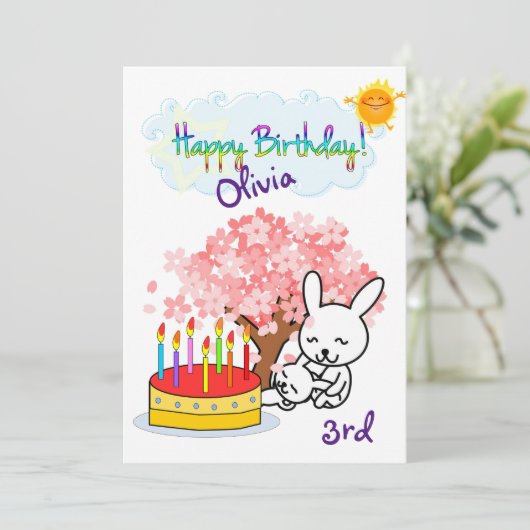 Happy Birthday Invitation Rabbit Cake Kaart (Staand voorkant)