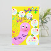 Happy Birthday Invitation roze Worm Cupcakes Kaart (Staand voorkant)