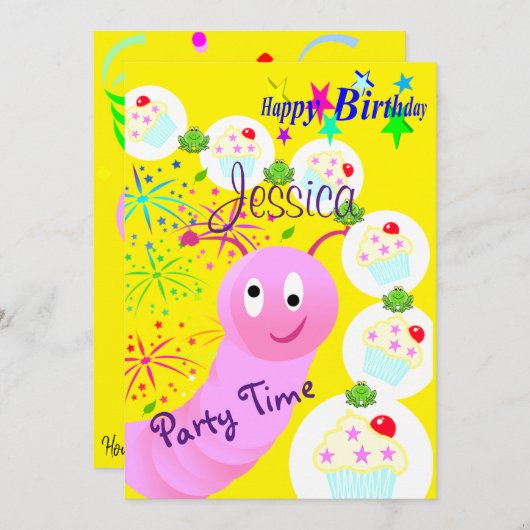 Happy Birthday Invitation roze Worm Cupcakes Kaart (Voorkant / Achterkant)