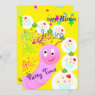 Happy Birthday Invitation roze Worm Cupcakes Kaart