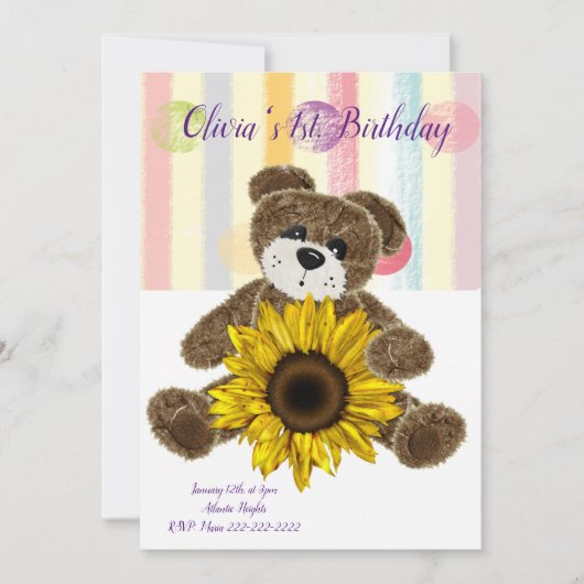 Happy Birthday Invitation Teddy Bear Pastel Stripe Kaart (Voorkant)