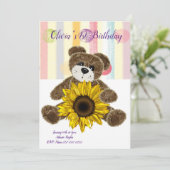 Happy Birthday Invitation Teddy Bear Pastel Stripe Kaart (Staand voorkant)