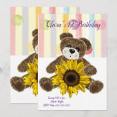 Happy Birthday Invitation Teddy Bear Pastel Stripe Kaart (Voorkant / Achterkant)