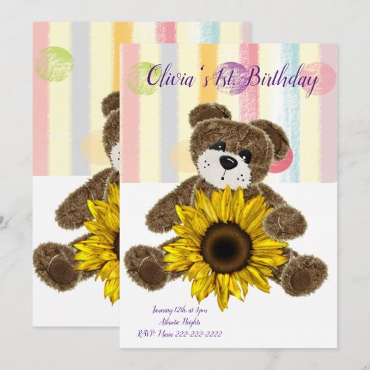 Happy Birthday Invitation Teddy Bear Pastel Stripe Kaart (Voorkant / Achterkant)