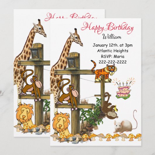 Happy Birthday Invitation Willife Animals Kaart (Voorkant / Achterkant)