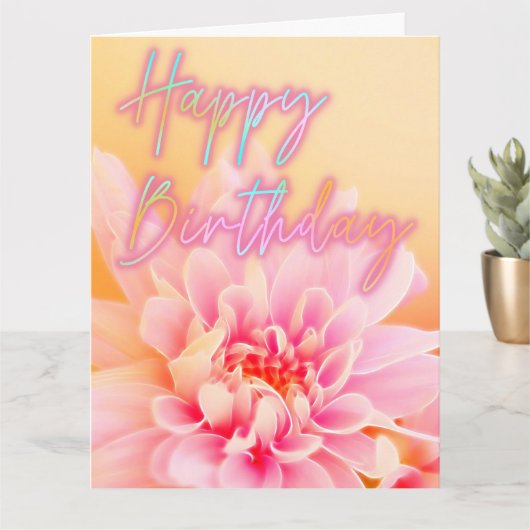 Happy Birthday Iridescent Pink Dahlia Floral Art Kaart (Kleine Plant)