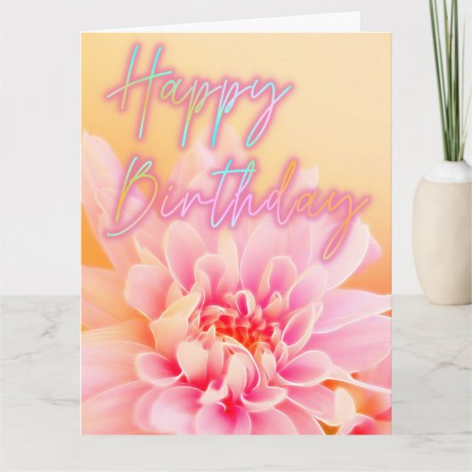Happy Birthday Iridescent Pink Dahlia Floral Art Kaart (Voorkant)
