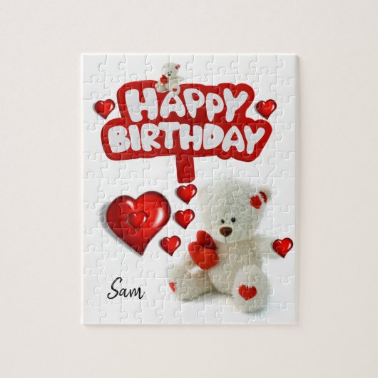 Happy Birthday Jigzaag Puzzle White Teddy Bear Legpuzzel (Verticaal)