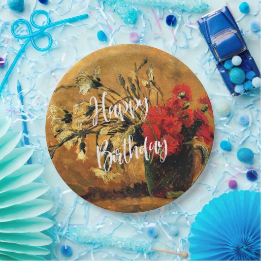 Happy Birthday, Jug met rode en witte anjers Papieren Bordje (Feest)