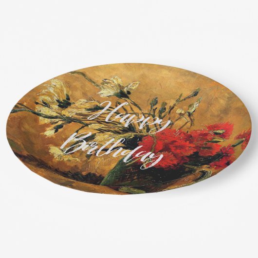 Happy Birthday, Jug met rode en witte anjers Papieren Bordje (Gekanteld)