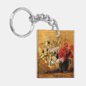 Happy Birthday, Jug met rode en witte anjers Sleutelhanger (Voorkant Links)