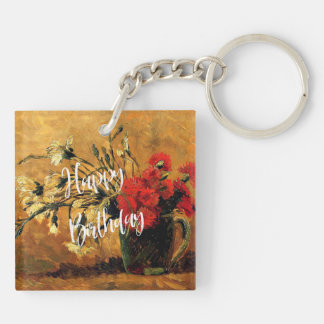 Happy Birthday, Jug met rode en witte anjers Sleutelhanger