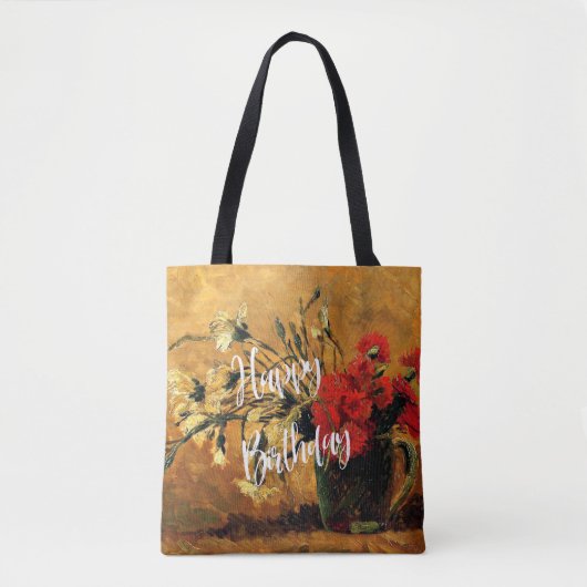 Happy Birthday, Jug met rode en witte anjers Tote Bag (Voorkant)