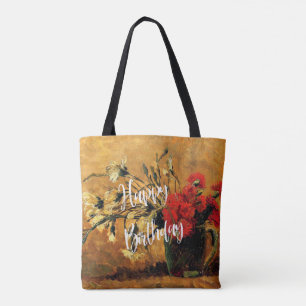 Happy Birthday, Jug met rode en witte anjers Tote Bag