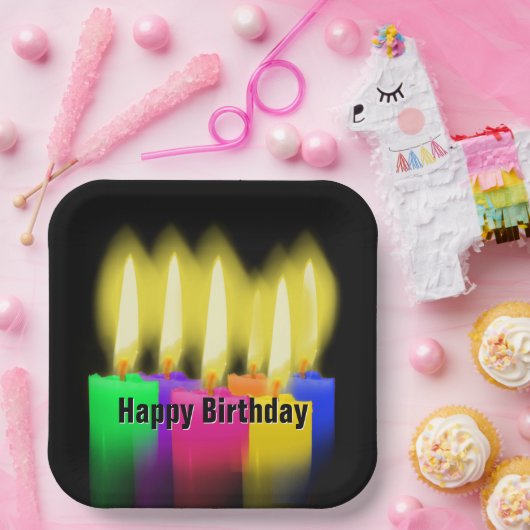 Happy Birthday-kaarsen op zwart Papieren Bordje (Feest)