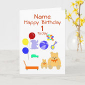 Happy Birthday Kaart 1 jaar oud, Speelgoed, Aanpas (Gele Bloem)