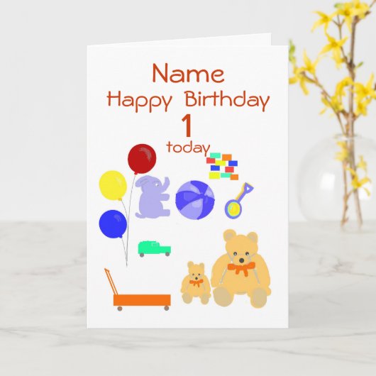 Happy Birthday Kaart 1 jaar oud, Speelgoed, Aanpas (Gele Bloem)