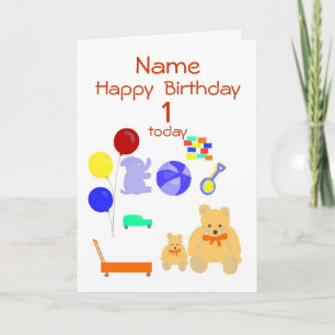 Happy Birthday-kaart 1 jaar oud, speelgoed, pas aa Kaart