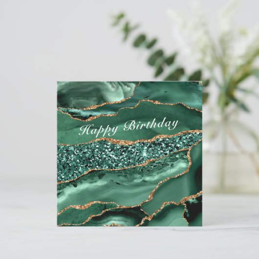 Happy Birthday Kaart Agate Green Gold Marble (Staand voorkant)