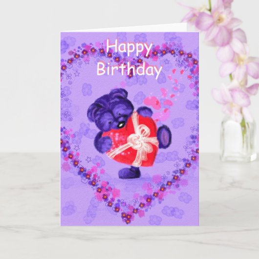 Happy Birthday Kaart Beer met Heart Gift (Orchidee)