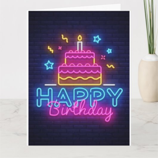 Happy Birthday Kaart - Birthday Cake Neon Lights (Voorkant)