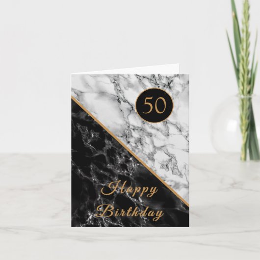 Happy Birthday Kaart Black White Marble - Uw jaar (Voorkant)