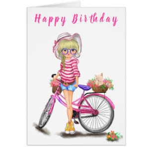 Happy Birthday Kaart Blonde Girl met roze bike