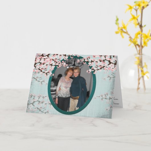 Happy Birthday Kaart - Cherry Blossom  Blauwgroen (Gele Bloem)