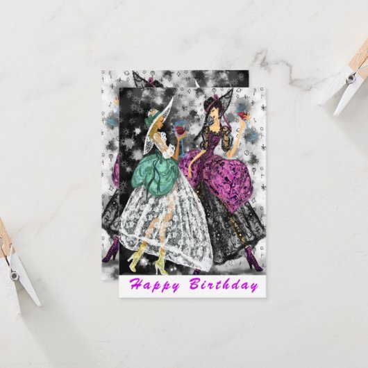 Happy Birthday Kaart Dames Drink Wijn - Proost (Voorkant / Achterkant in situ)