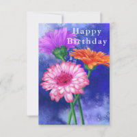 Happy Birthday-kaart Drie kleuren Gerberas schilde