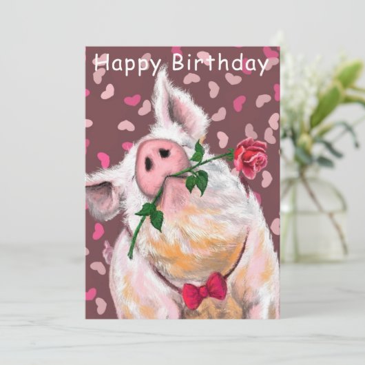Happy Birthday Kaart Funny Gentleman Pig met Roos (Staand voorkant)