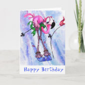 Happy Birthday Kaart Funny Pink Flamingo Skier (Voorkant)