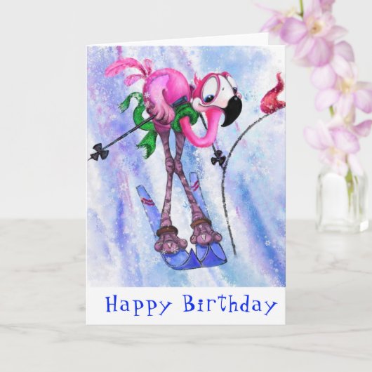 Happy Birthday Kaart Funny Pink Flamingo Skier (Orchidee)