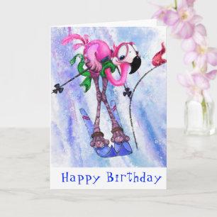 Happy Birthday Kaart Funny Pink Flamingo Skier