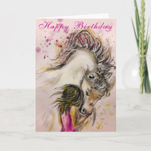 Happy Birthday Kaart Girl met Paard - schilderen