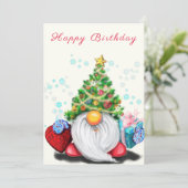 Happy Birthday Kaart Gnome met kerstboom Pet (Staand voorkant)