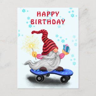 Happy Birthday Kaart Happy Skater Gnome met cadeau