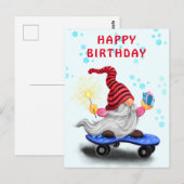 Happy Birthday Kaart Happy Skater Gnome met cadeau (Voorkant / Achterkant)