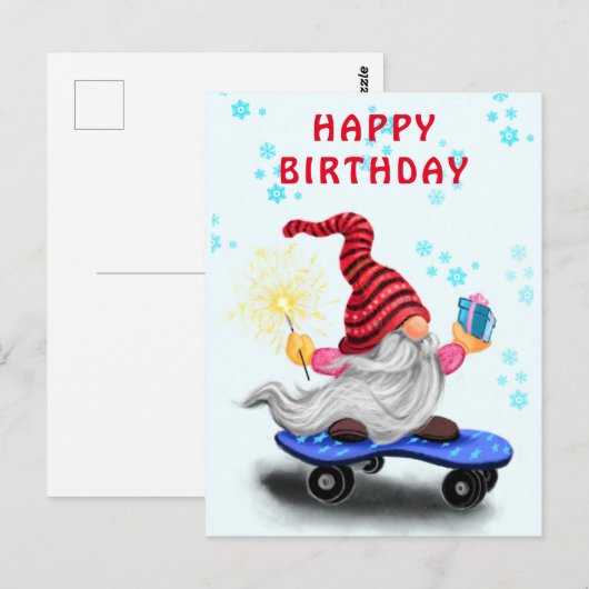 Happy Birthday Kaart Happy Skater Gnome met cadeau (Voorkant / Achterkant)